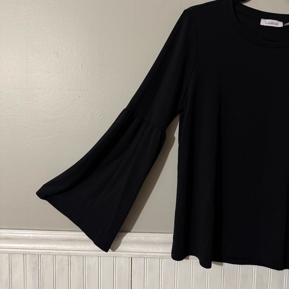 Calvin Klein | Women’s Black Bell Sleeve Round Neck Stretch Blouse Top Size L - Picture 4 of 9
